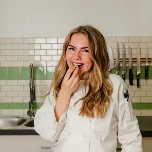 Quality Test for No-Bake Recipes Nora tasting a No-Bake treat to ensure quality for vegan dessert recipe.