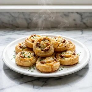 A cluster of golden-brown pastry pinwheels, their flaky layers spiraling around a savory, browned sausage and gooey melted cheese filling. Arranged on a simple plate, garnished with a light sprinkle of fresh green parsley. Steam gently rises from the warm appetizers.
