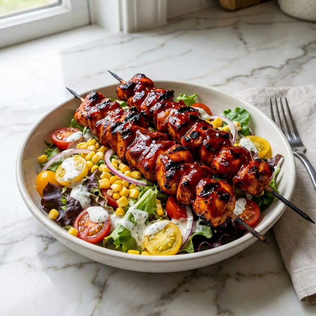 Easy recipe for 15-Min BBQ Chicken Skewer Salad
