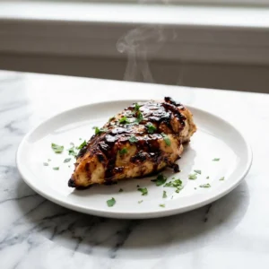 A golden-brown baked chicken breast glistens, generously coated in a thick, dark, syrupy balsamic glaze with caramelized edges. A wisp of steam rises from the dish, which is garnished with finely chopped fresh green parsley and served on a minimalist white plate.