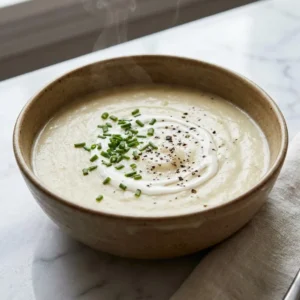 Thick, creamy potato leek soup in a rustic ceramic bowl. The soup has a velvety, off-white texture, garnished with fresh chopped chives, a swirl of heavy cream, and coarse black pepper. A delicate wisp of steam rises from the warm soup.