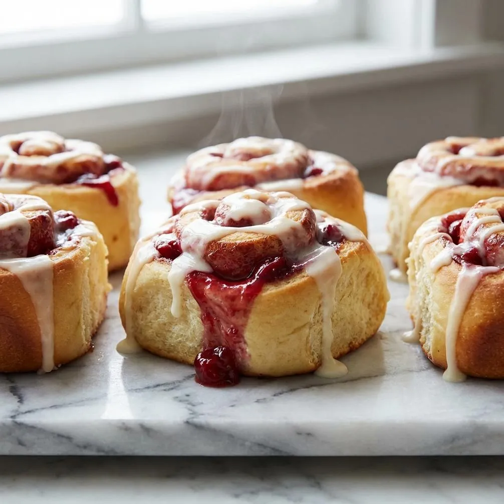 Cherry Cinnamon Rolls with Homemade Filling A close-up of warm, fluffy golden-brown cinnamon rolls on a rustic plate. Swirls of vibrant, gooey red cherry and cinnamon filling are visible between the doughy layers. A thick, creamy white glaze is generously drizzled over the top, dripping down the sides. Wisps of steam rise.
