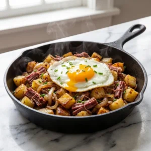 A rustic pile of corned beef hash with crispy, golden-brown potatoes and savory shredded beef. A glistening, sunny-side-up egg with a vibrant runny yolk sits on top. Garnished with fresh chives, with delicate steam rising from the dish on a simple ceramic plate.