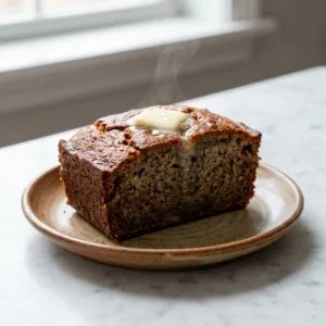 A thick slice of banana bread with a glistening, deep golden-brown crust and a visible, ultra-moist, dense crumb. A delicate wisp of steam rises from the warm slice, which rests simply on a rustic plate. Professional food photography with soft, warm lighting.