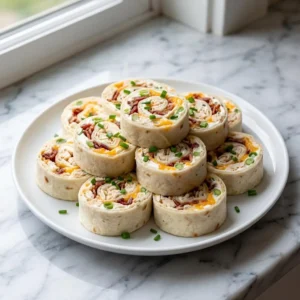 Sliced tortilla pinwheels arranged on a plate, revealing a creamy spiral filling. The filling is richly studded with crispy bacon crumbles, specks of bright orange cheddar, and finely chopped green scallions. Close-up food photography, bright natural light.