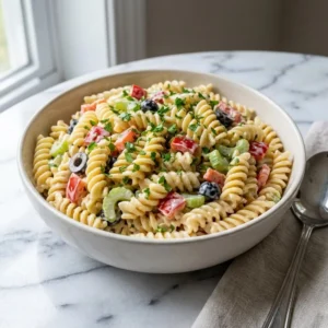 A vibrant bowl of creamy pasta salad. Corkscrew rotini glistens, coated in a thick, creamy white dressing. A colorful mix of diced red bell pepper, sliced black olives, and halved cherry tomatoes is scattered throughout. Finished with a sprinkle of fresh parsley.