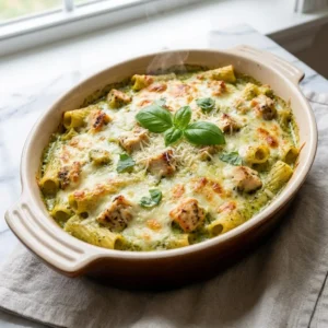 A hearty serving of creamy pesto pasta bake, with a bubbling, golden-brown melted cheese crust. The vibrant green pesto cream sauce coats the pasta and tender chicken chunks. A wisp of steam rises from the dish, garnished with fresh basil leaves and a sprinkle of parmesan.