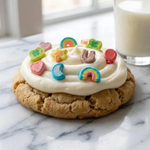 A giant, soft-baked cookie with a thick, creamy white frosting swirled on top. The frosting is generously garnished with a vibrant, colorful scattering of dehydrated Lucky Charms marshmallow shapes. Close-up food photography, showcasing the soft texture of the cookie and the glossy frosting.