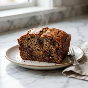 A thick slice of warm banana bread with a cracked, golden-brown crust. The moist, tender crumb is generously studded with rich, melted chocolate chips. A delicate wisp of steam rises from the slice, sitting on a rustic plate.