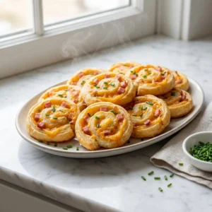 A platter of warm, golden-brown pinwheels, sliced to reveal a perfect spiral of diced pink ham and gooey, bubbly orange cheddar cheese. The appetizers are garnished with finely chopped fresh chives, with a wisp of steam rising. Food photography, bright natural light.