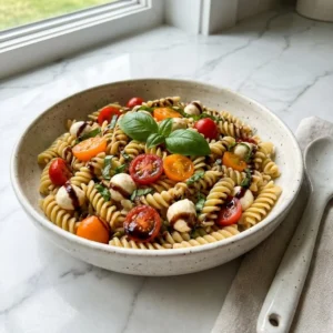 A vibrant pasta salad in a shallow ceramic bowl, featuring cooked pasta tossed with glossy, halved cherry tomatoes, creamy white mozzarella pearls, and torn fresh basil leaves. A dark, syrupy balsamic glaze is generously drizzled over the entire dish, highlighting the bright colors.