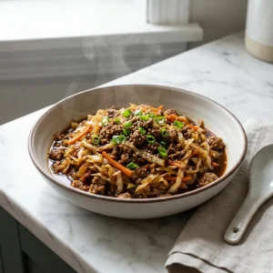 A savory mix of browned ground meat, colorful shredded cabbage, and carrots fills a stoneware bowl, glistening with a dark, glossy sauce. The dish is garnished with bright green scallions and a sprinkle of toasted sesame seeds, with wisps of steam rising from the bowl.