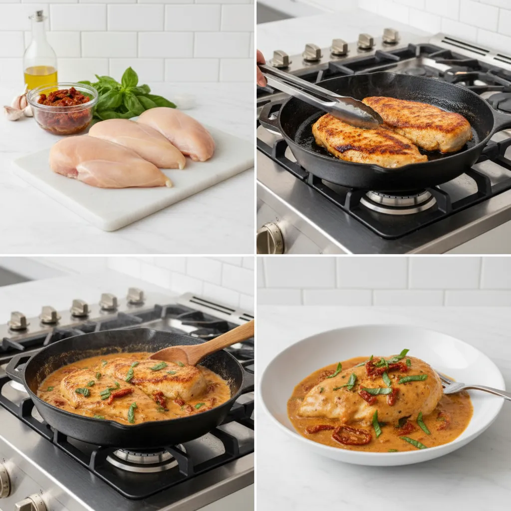 A collage showing the steps to make Marry Me Chicken