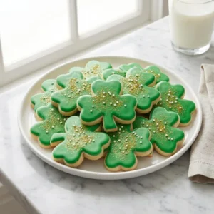 A platter of festive shamrock-shaped sugar cookies, flawlessly decorated with vibrant green royal icing and a dusting of sparkling gold and white sprinkles. The cookies are neatly arranged on a simple white plate, shot in bright, cheerful light.