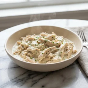 Tender, shredded chicken generously coated in a thick, creamy off-white ranch sauce. The sauce is speckled with fine green herbs, served warm in a shallow bowl with subtle steam rising.
