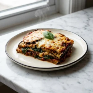 A thick slice of layered eggplant parmesan on a rustic plate. Bubbly, golden-brown melted mozzarella cheese covers the top, revealing layers of rich red marinara sauce, tender eggplant, and dark wilted spinach. A wisp of steam rises, garnished with a single fresh basil leaf.