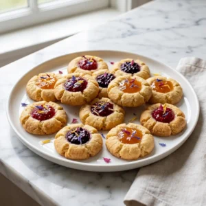 Golden, buttery thumbprint cookies arranged on a plate. Each cookie holds a glistening, jewel-toned dollop of flower jam in its center. The cookies are delicately garnished with tiny, colorful edible flower petals, creating a beautiful and appetizing scene.