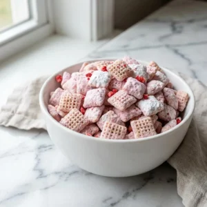 A heaping pile of grid-textured cereal squares generously coated in a thick, fluffy layer of pastel pink and white powder. The sweet snack mix is speckled with vibrant red crumbles of freeze-dried strawberry, presented in a simple white ceramic bowl.