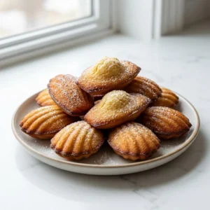 A graceful pile of golden-brown French madeleines, showcasing their classic scalloped shell shape and signature hump. The delicate, caramelized edges contrast with their soft, spongy texture. A fine dusting of powdered sugar lightly coats the cakes, arranged beautifully on a simple ceramic plate.