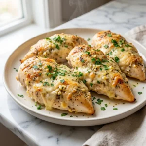 Tender baked chicken breasts smothered in a bubbly, golden-brown Parmesan cheese crust. The surface is speckled with herbs and minced garlic. A final sprinkle of vibrant, fresh green parsley garnishes the dish, which sits steaming gently on a simple ceramic plate.
