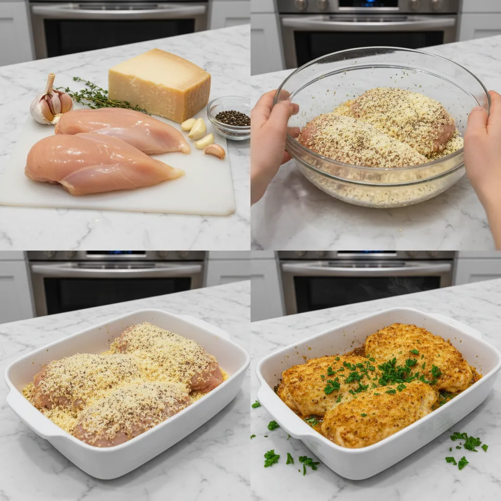 A four-panel grid showing the steps of making the chicken bake