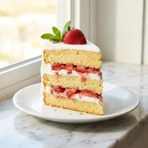 A tall, perfect slice of golden vanilla layer cake, revealing thick layers of fluffy white whipped cream and glistening, juicy sliced strawberries. The slice is topped with a whole fresh strawberry and a single mint leaf, sitting elegantly on a simple white plate.