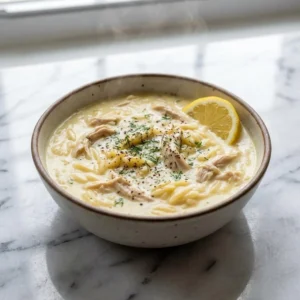 A steaming, rustic bowl of creamy, pale yellow Greek lemon-egg soup. The silky broth is filled with tender shredded chicken and soft orzo. Garnished with a vibrant sprinkle of fresh dill, a crack of black pepper, and a bright lemon wedge resting on the rim.