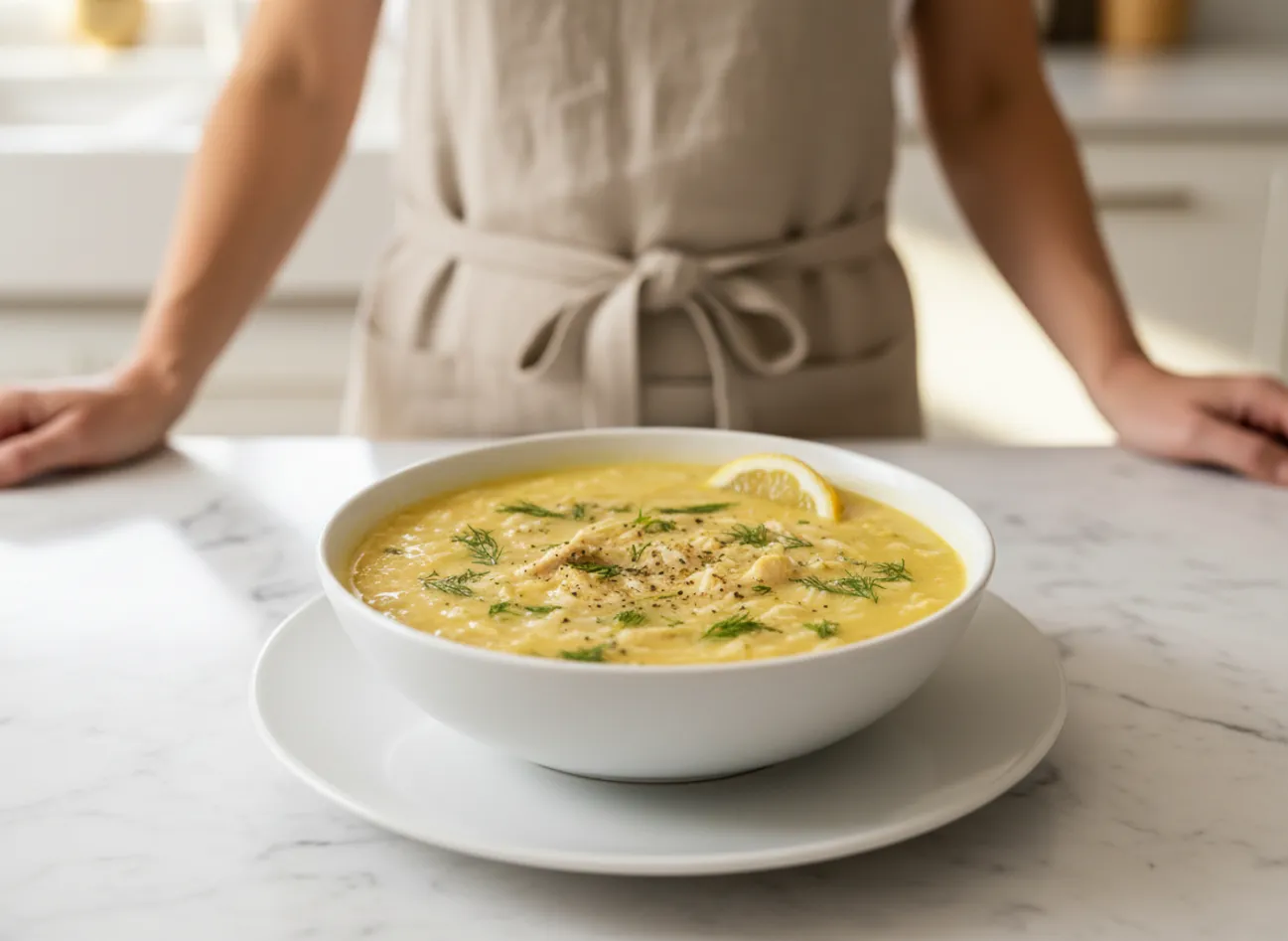 A comforting bowl of Greek Healing Soup being served.