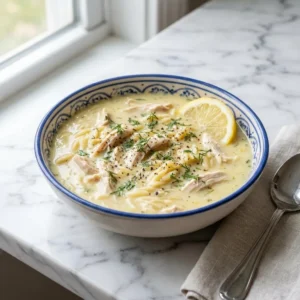 A steaming bowl of creamy, pale yellow Greek lemon soup. The silky broth is filled with tender shredded chicken. Garnished with fresh dill, a crack of black pepper, and a bright lemon wedge resting on the rim of a simple ceramic bowl.