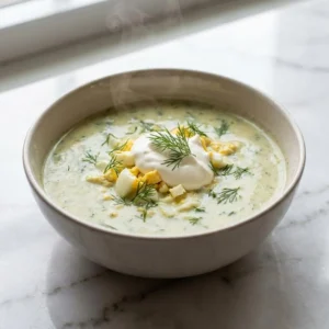 A rustic bowl of creamy, pale green borscht, garnished with a dollop of thick sour cream, chopped hard-boiled egg, and a sprinkle of fresh dill. A gentle wisp of steam rises from the vibrant soup, highlighting its rich, inviting texture.