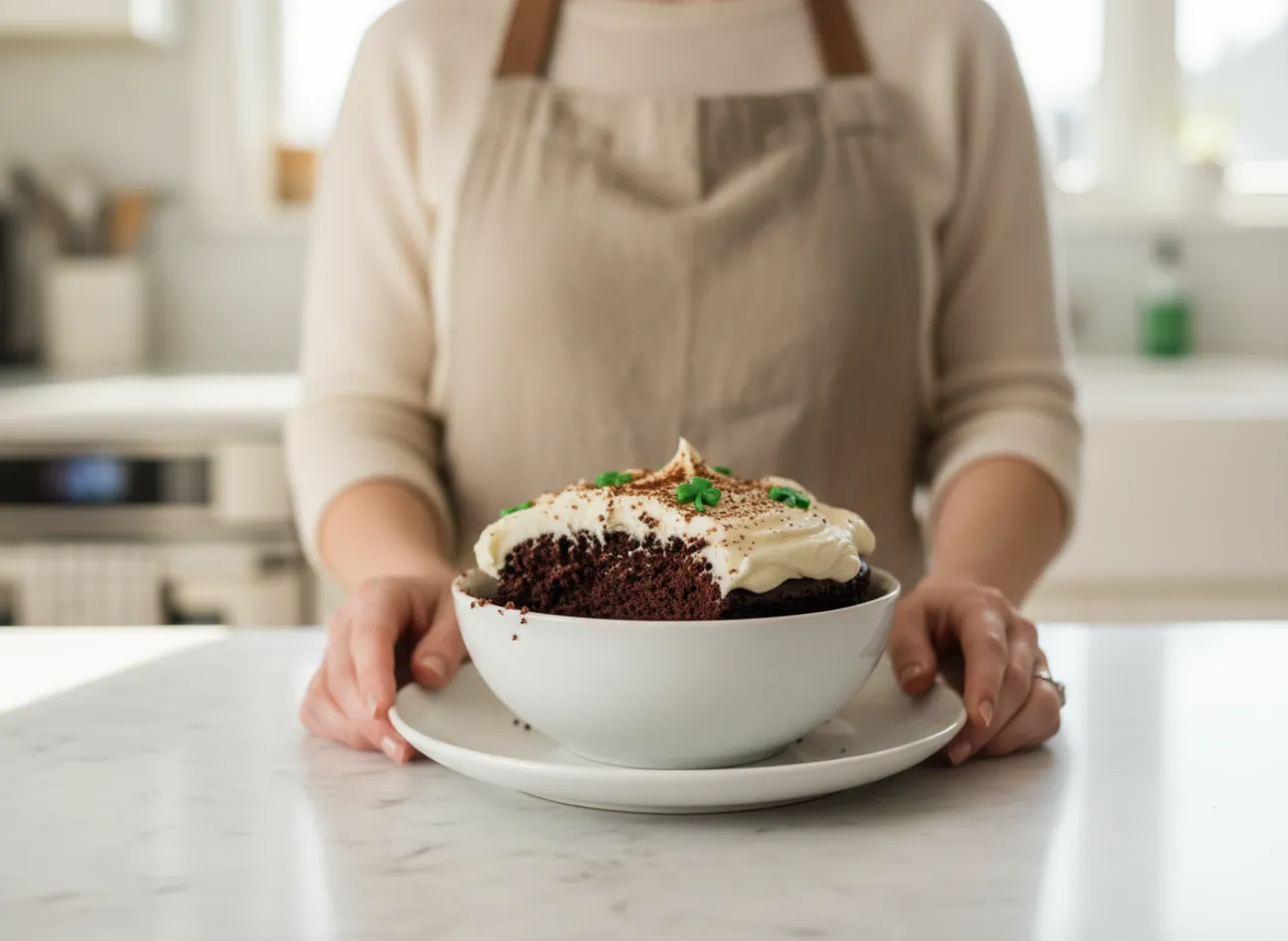 A slice of dark chocolate cake with white buttercream on a plate.