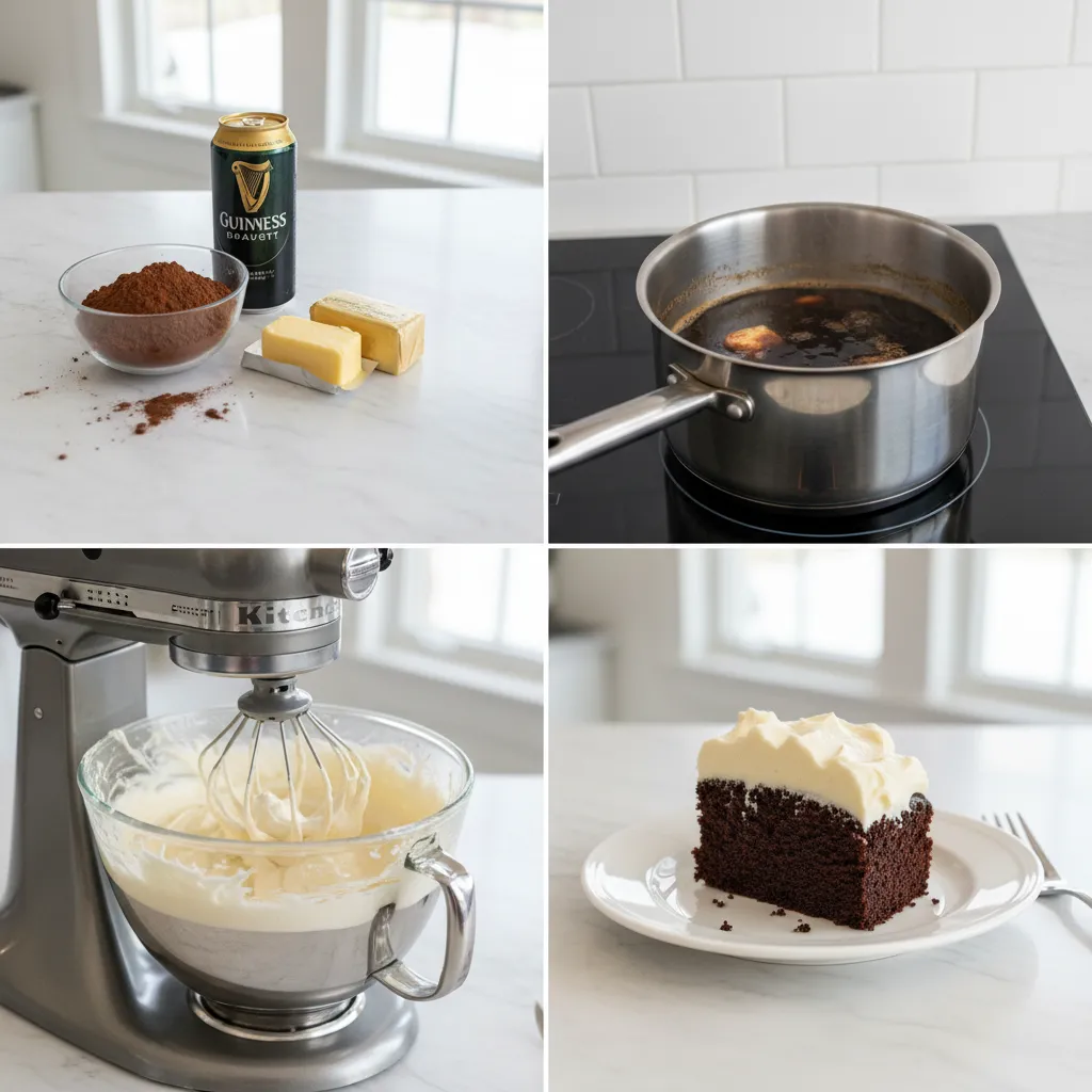 A grid of four images showing the steps of making the cake and frosting.