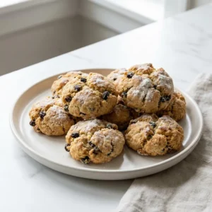 A cluster of rustic, golden-brown cookies sit on a simple plate. The small, domed cookies have a crumbly texture, a faint cross scored on top, and are studded with dark currants. A delicate dusting of white flour coats their surfaces.