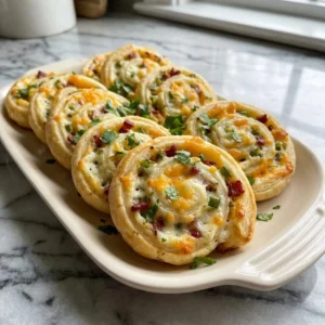 Golden-brown baked pinwheels, sliced into spirals on a rustic platter. A bubbly, creamy white filling swirls with diced green jalapeños, crispy bacon bits, and melted golden cheddar. The flaky pastry is perfectly browned, garnished with fresh chopped cilantro for a pop of color.
