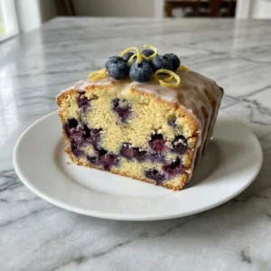 A thick slice of moist, golden lemon blueberry loaf cake, studded with juicy, burst blueberries. A zesty lemon glaze generously drips down the sides, topped with a garnish of fresh plump blueberries and finely grated yellow lemon zest. Presented on a simple, clean plate.
