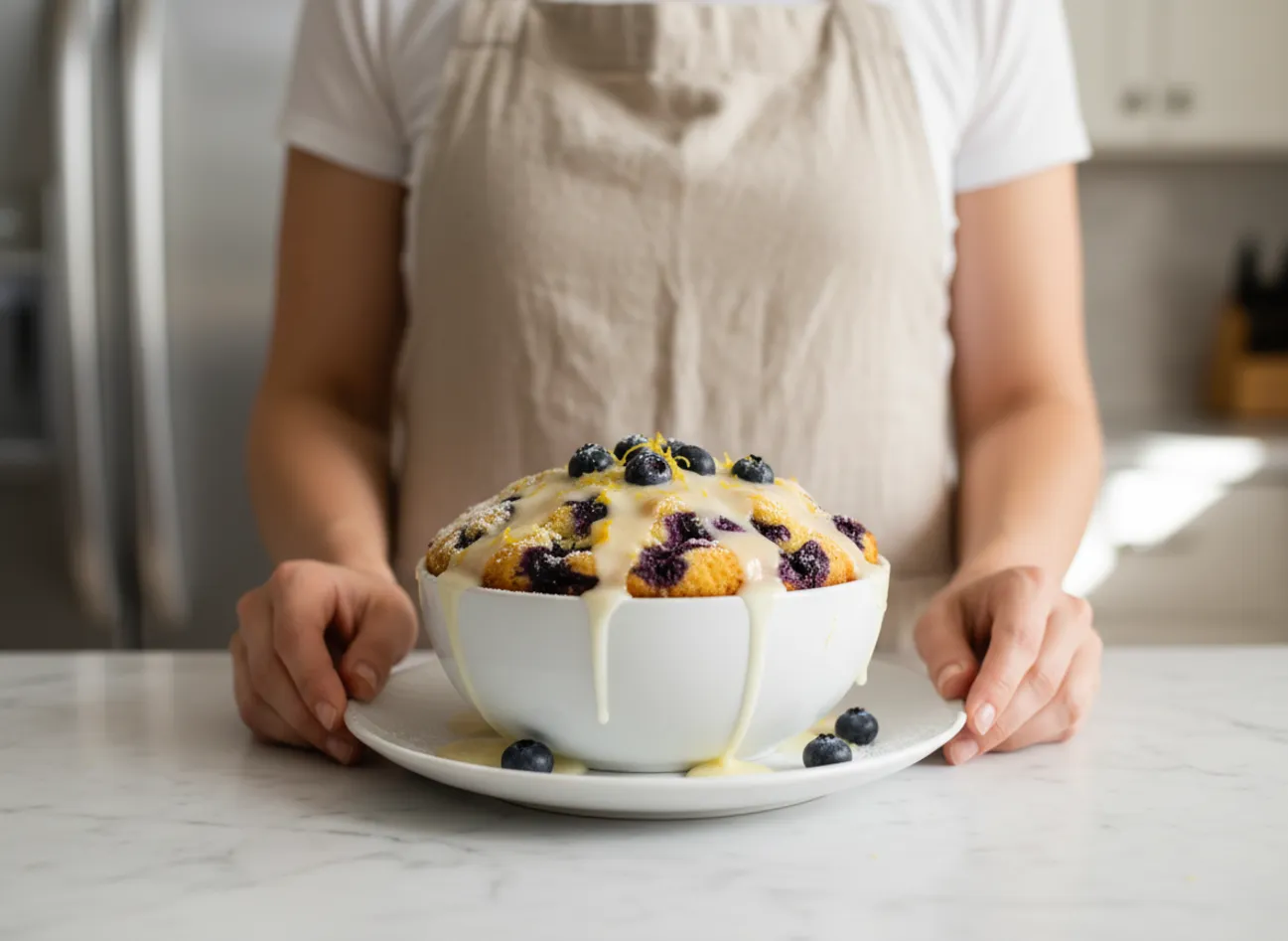 A slice of lemon blueberry cake on a plate next to fresh lemons and blueberries.