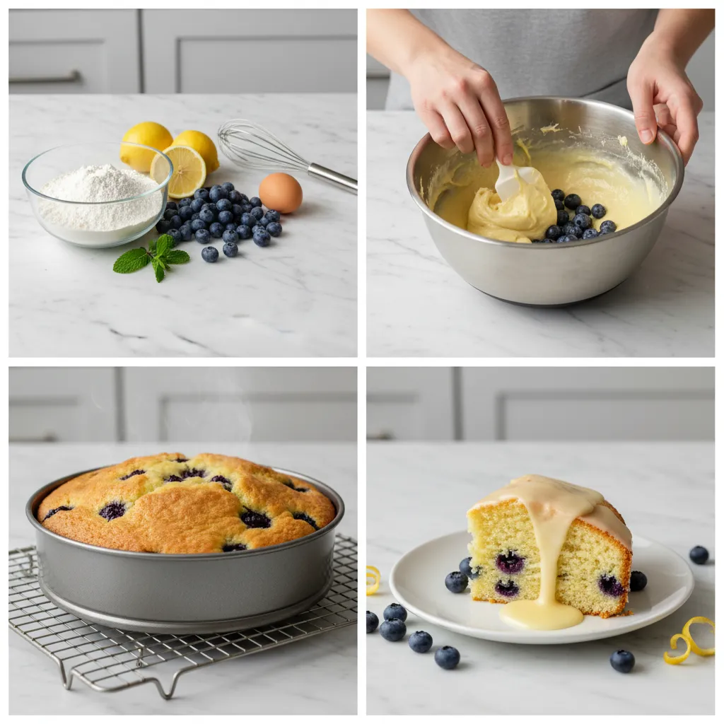 A grid of images showing the step-by-step process of making the cake.