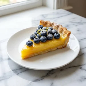 A single slice of lemon blueberry tart featuring a golden-brown, buttery crust holding a smooth, glossy, vibrant yellow lemon curd. The top is artfully decorated with plump, fresh blueberries and a delicate dusting of powdered sugar, presented on a clean white plate.