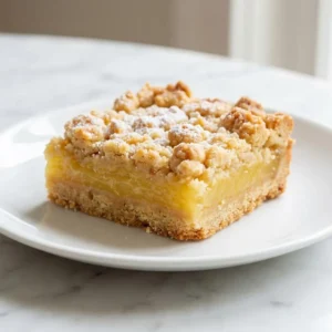 A thick, square lemon bar on a simple plate. It features a buttery shortbread base, a vibrant sunny-yellow lemon curd filling, and a generous golden-brown crumble topping. A delicate dusting of powdered sugar finishes the dessert. Close-up food photography with mouth-watering detail.