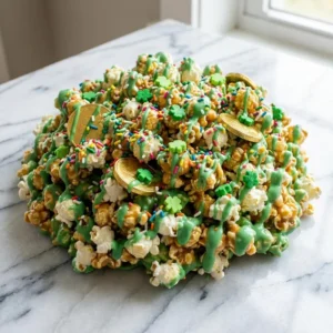 A heaping pile of popcorn, glistening with a vibrant green candy melt drizzle. The festive mound is generously decorated with a shower of rainbow sprinkles, shamrock-shaped candies, and shiny gold chocolate coins, creating a colorful, sweet, and sticky treat.