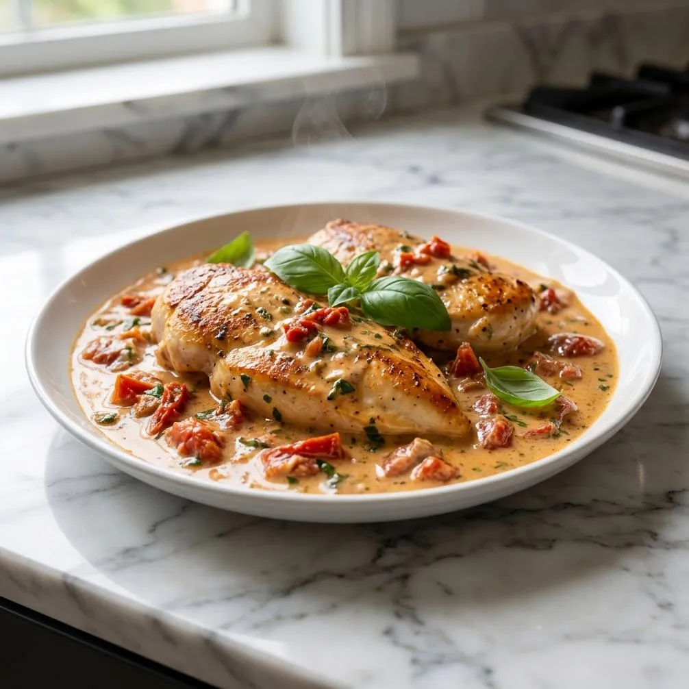 Marry Me Chicken Golden-seared chicken breasts bathe in a luscious, creamy sun-dried tomato sauce. Vibrant red tomato slivers and wilted spinach fleck the glossy sauce, which pools in a rustic skillet. The dish is garnished with fresh basil leaves, grated Parmesan, and a delicate wisp of steam.