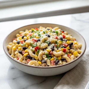 A vibrant, creamy macaroni salad in a bowl, generously mixed with bright yellow corn kernels, shiny black beans, and finely diced red bell pepper. The salad is garnished with a sprinkle of fresh, chopped cilantro and crumbled white cotija cheese, highlighting its rich texture and color.