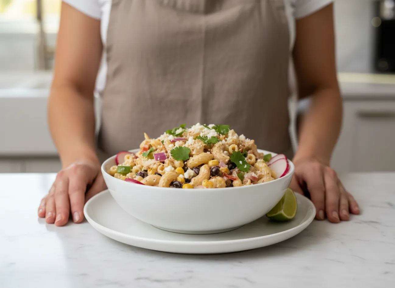 A large bowl of Mexican Macaroni Salad on a picnic table