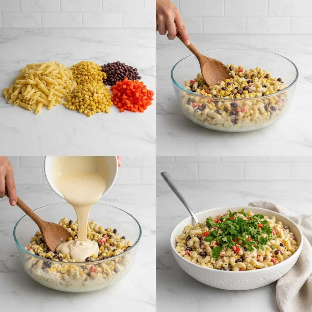 A grid of four images showing the steps to make the salad