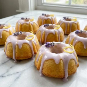 A close-up of several golden mini lemon cakes. A glossy, pale lavender-colored glaze is generously drizzled over the tops, with delicate drips running down the sides. Each cake is garnished with a tiny sprig of fresh lavender and a fine twist of lemon zest.