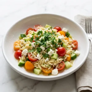 A vibrant orzo salad in a shallow white bowl, glistening with a light vinaigrette. The colorful medley features halved cherry tomatoes, diced cucumber, and crumbled feta cheese. A generous sprinkle of fresh, chopped parsley provides a final touch of green under bright, natural lighting.