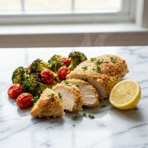 A golden-brown Parmesan crusted chicken breast is sliced, revealing a juicy interior. It sits next to roasted broccoli with charred tips and bright, blistered cherry tomatoes. The dish is garnished with fresh chopped parsley and a glistening lemon wedge on the side, with a faint wisp of steam.