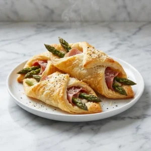 Flaky, golden-brown puff pastry bundles arranged on a clean white plate. Crisp, vibrant green asparagus tips and savory pink prosciutto peek from the open ends. Garnished with a light dusting of parmesan and cracked black pepper, with a gentle wisp of steam rising.