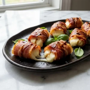 Bite-sized mozzarella balls wrapped in crispy, glistening golden-brown prosciutto. Gooey, melted white cheese oozes from the seams. Served on a rustic platter, garnished with vibrant green basil leaves and a dark, syrupy balsamic glaze drizzle. Appetizing close-up shot, dramatic lighting.