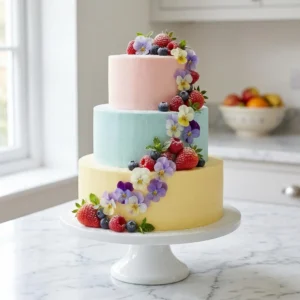 A multi-layered spring cake covered in smooth, pastel-colored buttercream frosting. The cake is artfully decorated with a cascade of delicate edible flowers, fresh berries, and tiny mint leaves, with a light dusting of powdered sugar. The entire cake sits on an elegant, minimalist white cake stand.